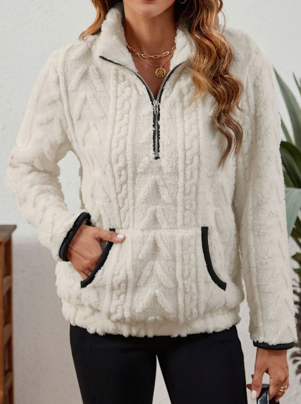 Women's Plush Fleece Half-Zip Kangaroo Pocket Pullover Sweater