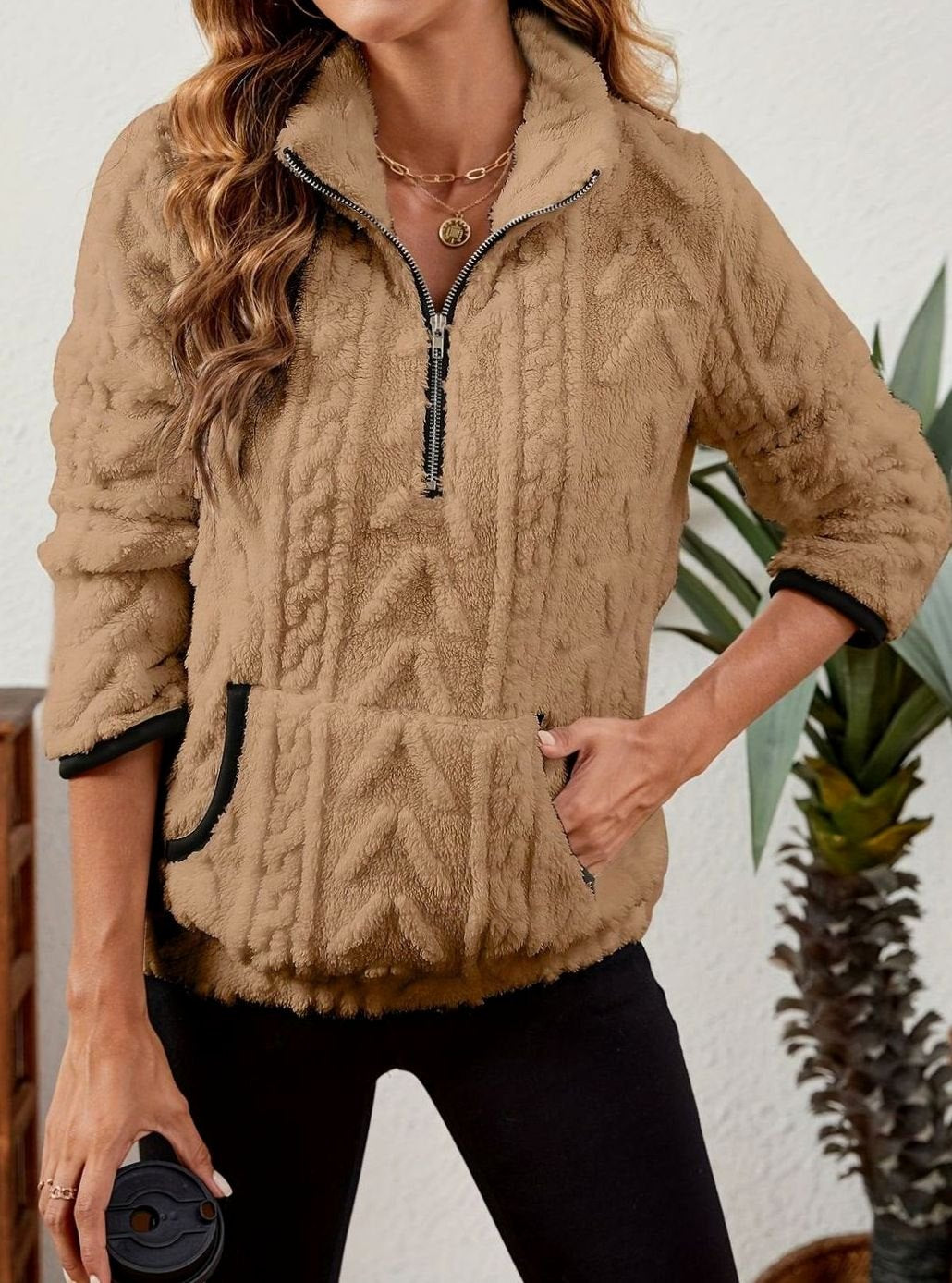 Women's Plush Fleece Half-Zip Kangaroo Pocket Pullover Sweater