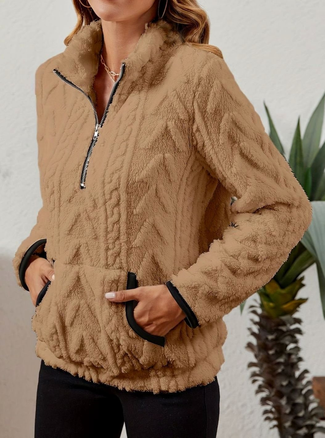 Women's Plush Fleece Half-Zip Kangaroo Pocket Pullover Sweater
