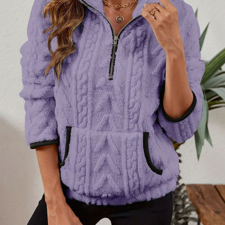 Women's Plush Fleece Half-Zip Kangaroo Pocket Pullover Sweater - Purple