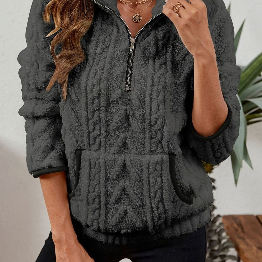 Women's Plush Fleece Half-Zip Kangaroo Pocket Pullover Sweater - Dark Gray