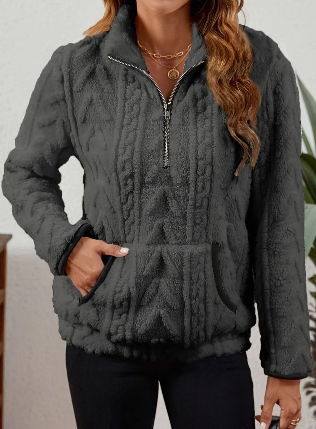 Women's Plush Fleece Half-Zip Kangaroo Pocket Pullover Sweater