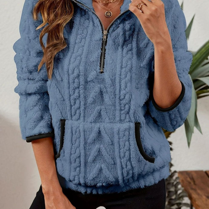 Women's Plush Fleece Half-Zip Kangaroo Pocket Pullover Sweater - Blue