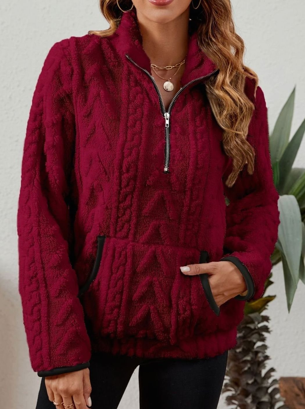 Women's Plush Fleece Half-Zip Kangaroo Pocket Pullover Sweater