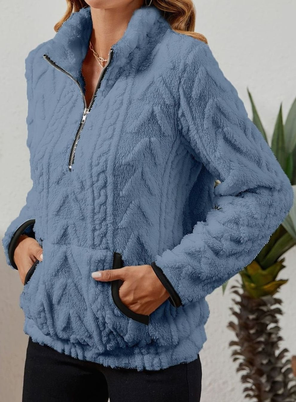 Women's Plush Fleece Half-Zip Kangaroo Pocket Pullover Sweater