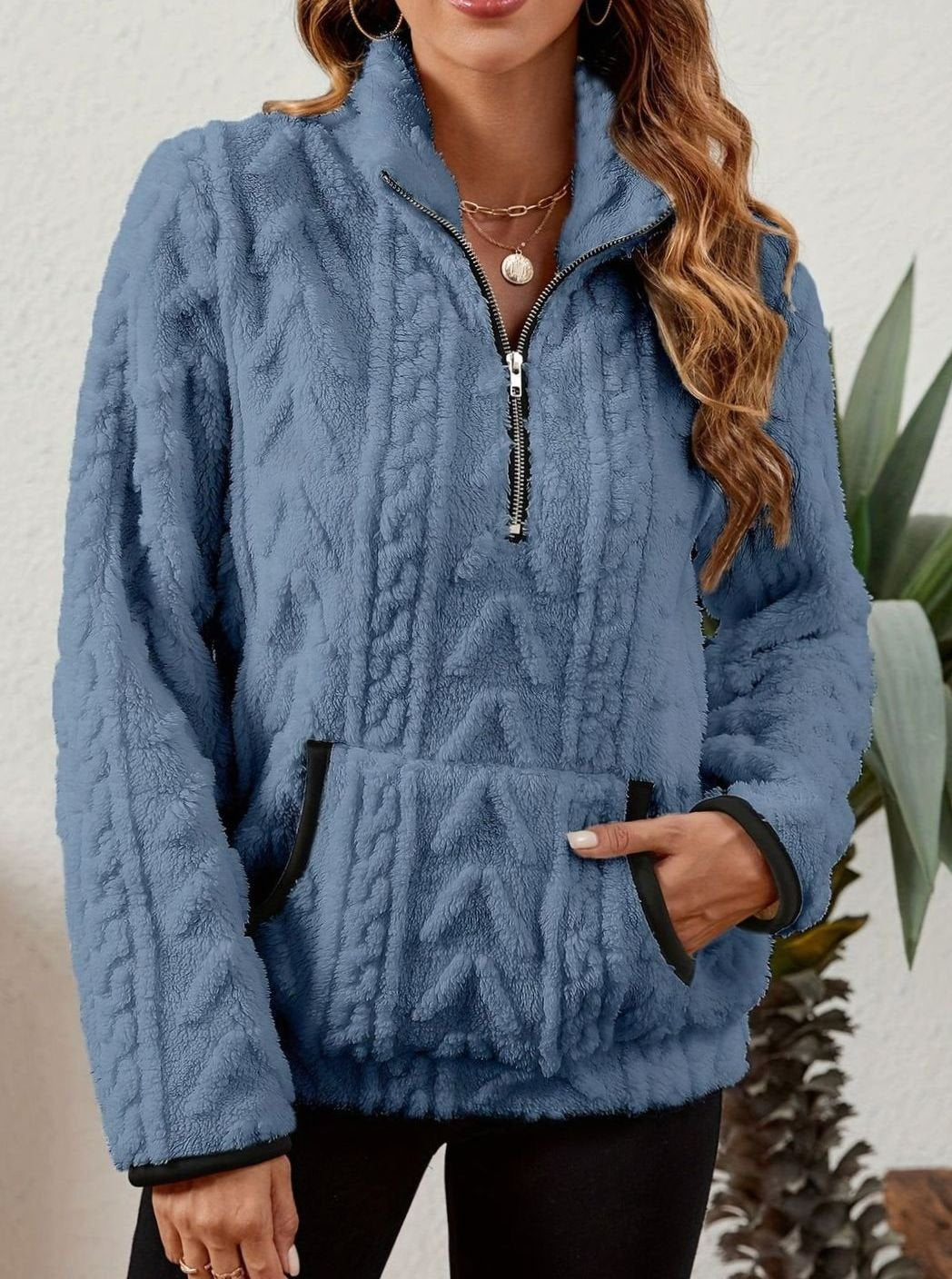 Women's Plush Fleece Half-Zip Kangaroo Pocket Pullover Sweater