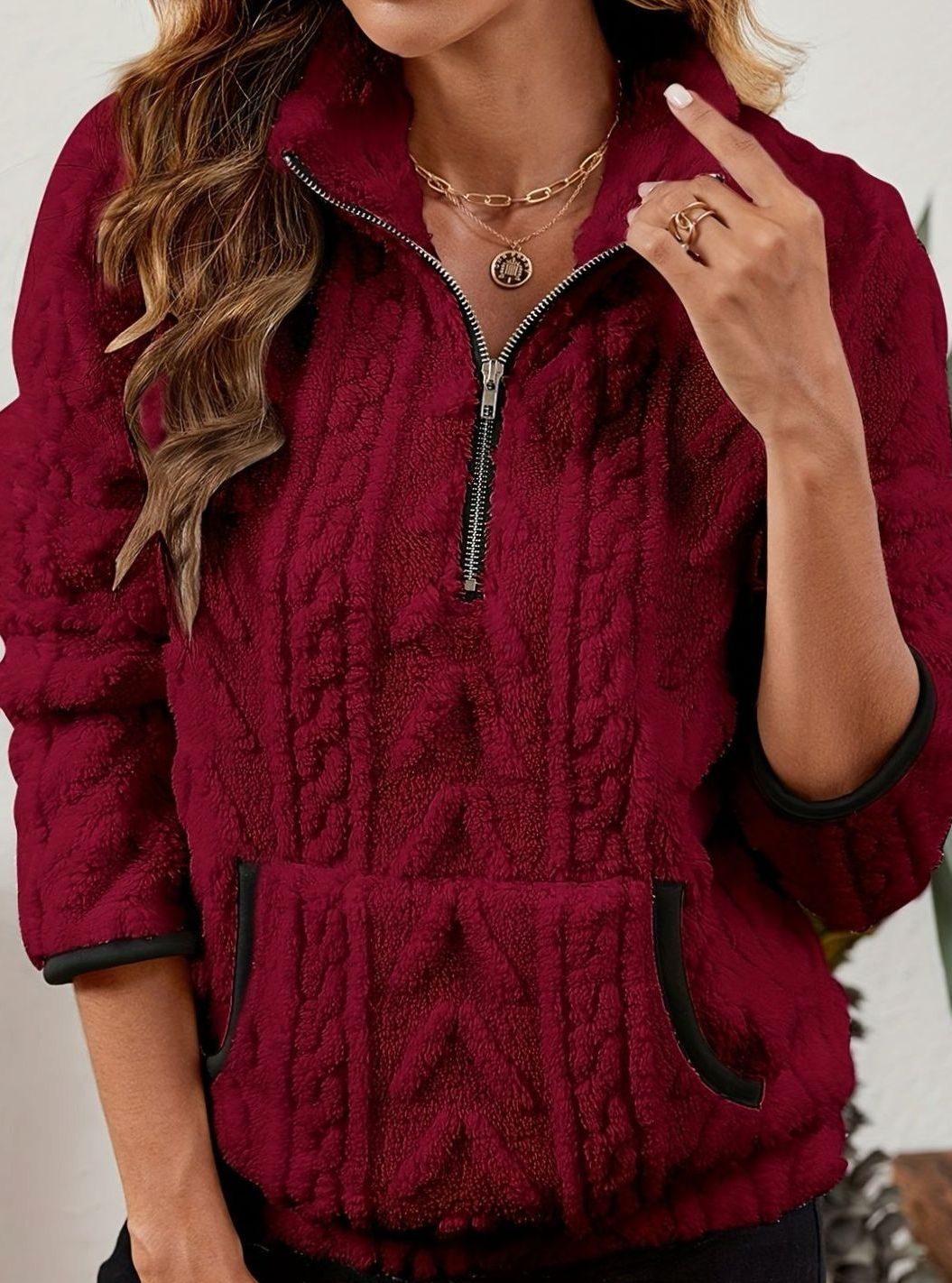 Women's Plush Fleece Half-Zip Kangaroo Pocket Pullover Sweater