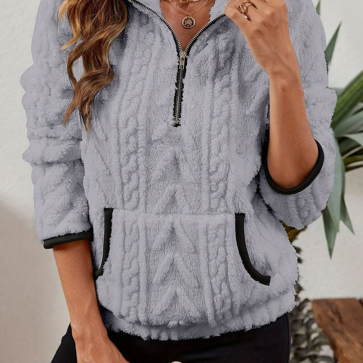 Women's Plush Fleece Half-Zip Kangaroo Pocket Pullover Sweater - Grey