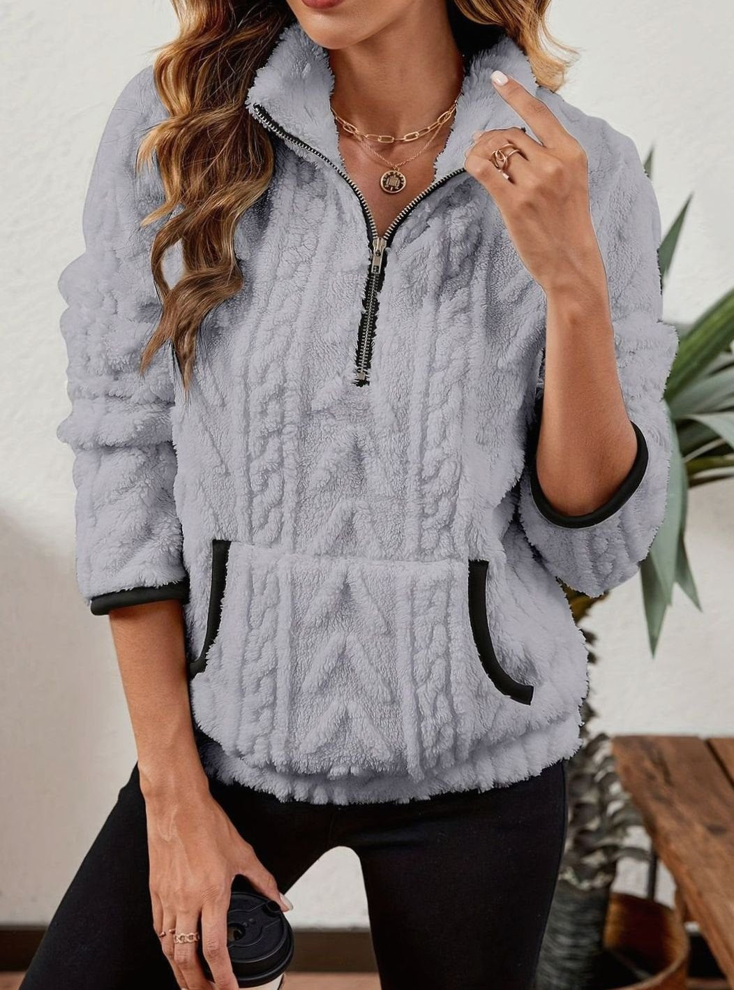 Women's Plush Fleece Half-Zip Kangaroo Pocket Pullover Sweater