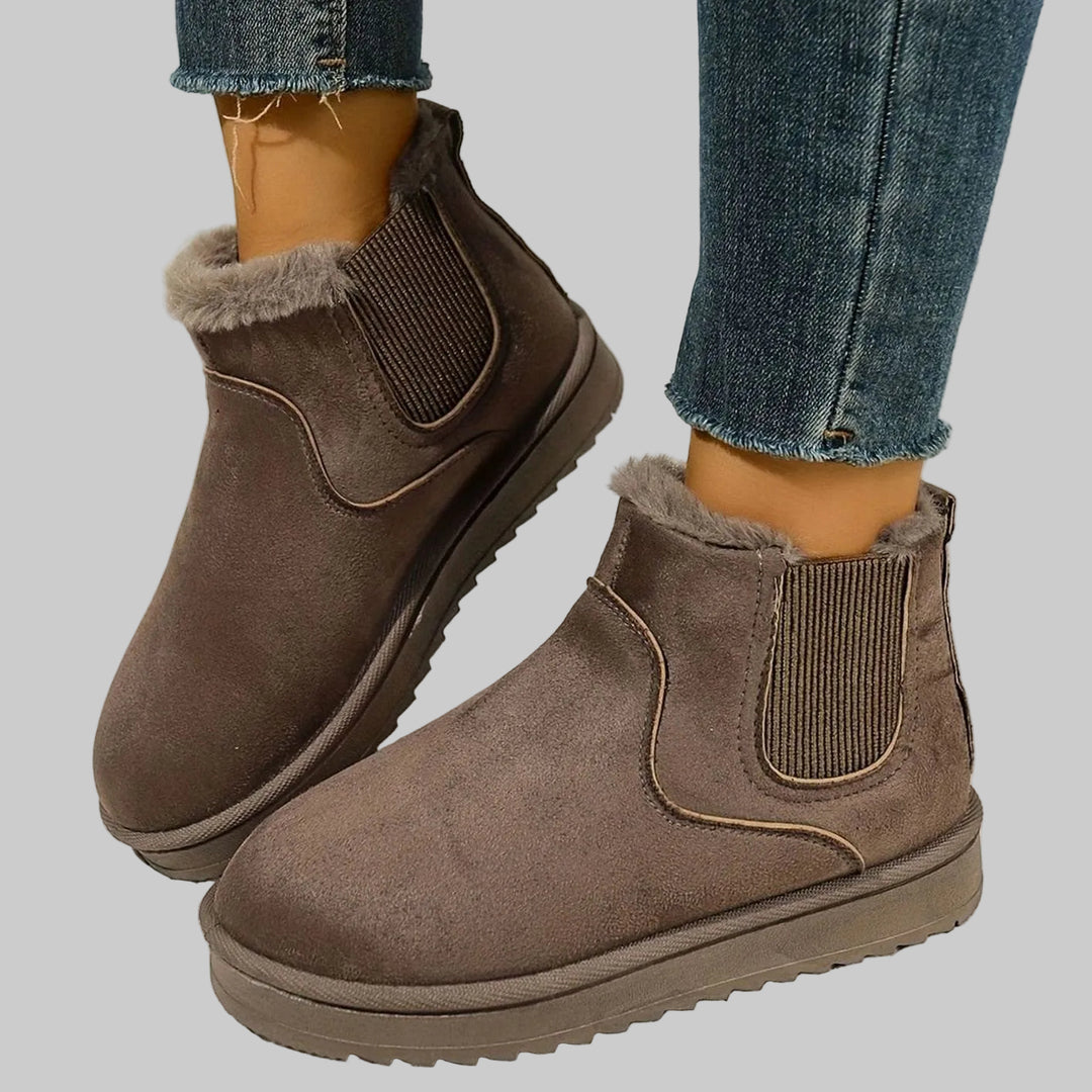 Women's Plush-Lined Slip-On Platform Ankle Winter Boots - Khaki