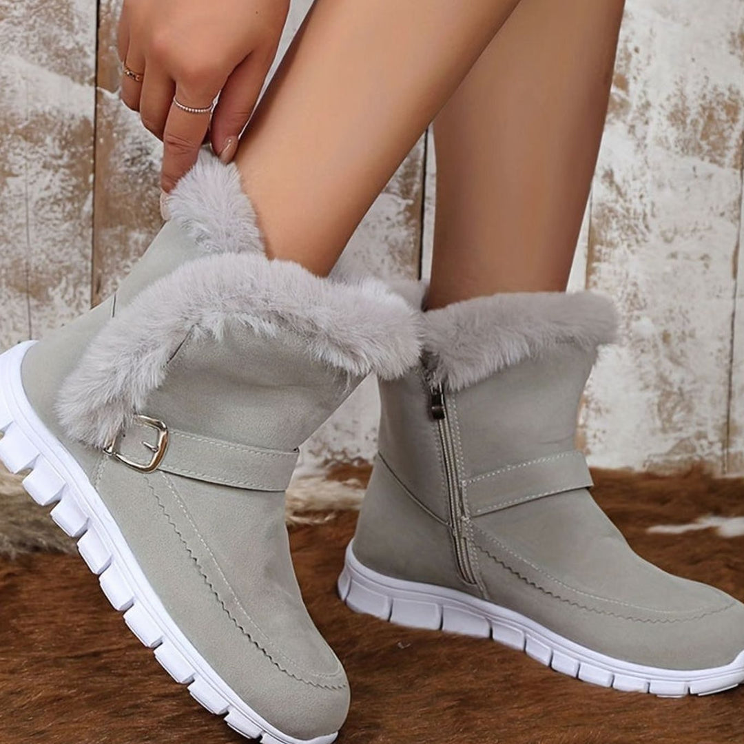 Women's Plush-Trimmed Buckle Ankle Snow Boots - Grey