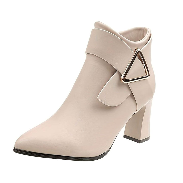 Women's Pointed-Toe Block Heel Black Ankle Boots - Beige