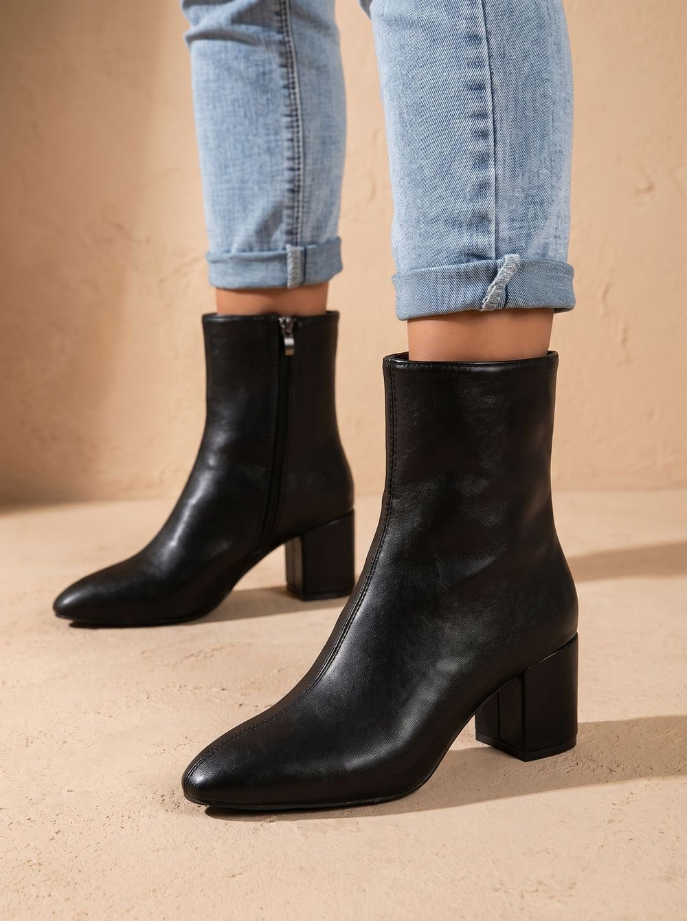 Women's Pointed-Toe Block-Heel Faux Leather Ankle Boots - Black