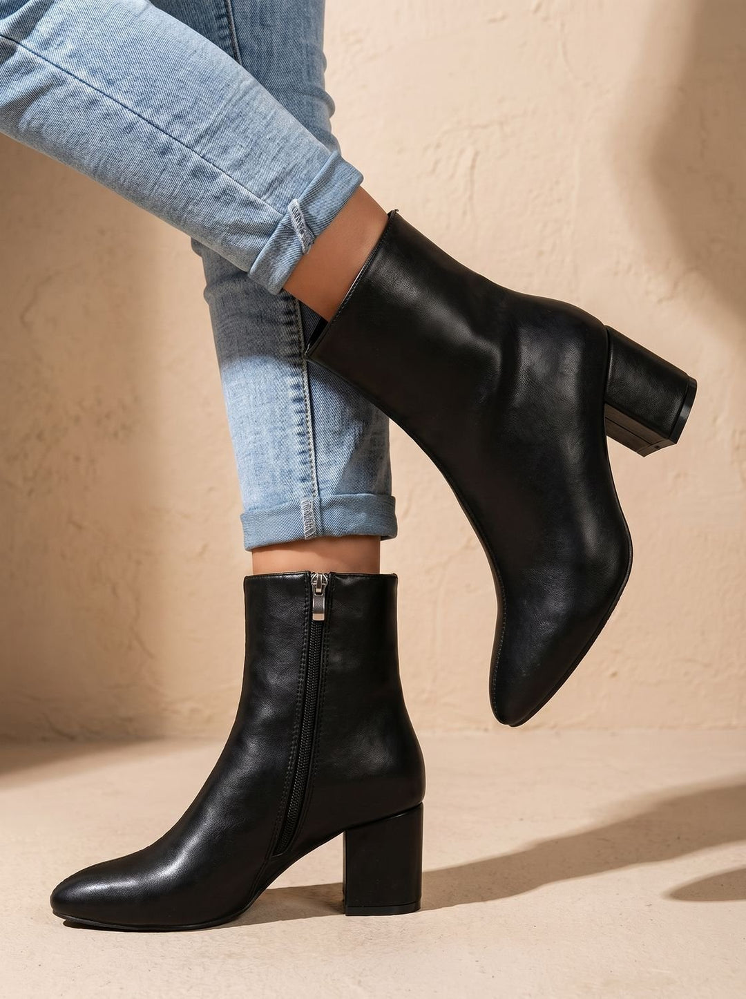 Women's Pointed-Toe Block-Heel Faux Leather Ankle Boots