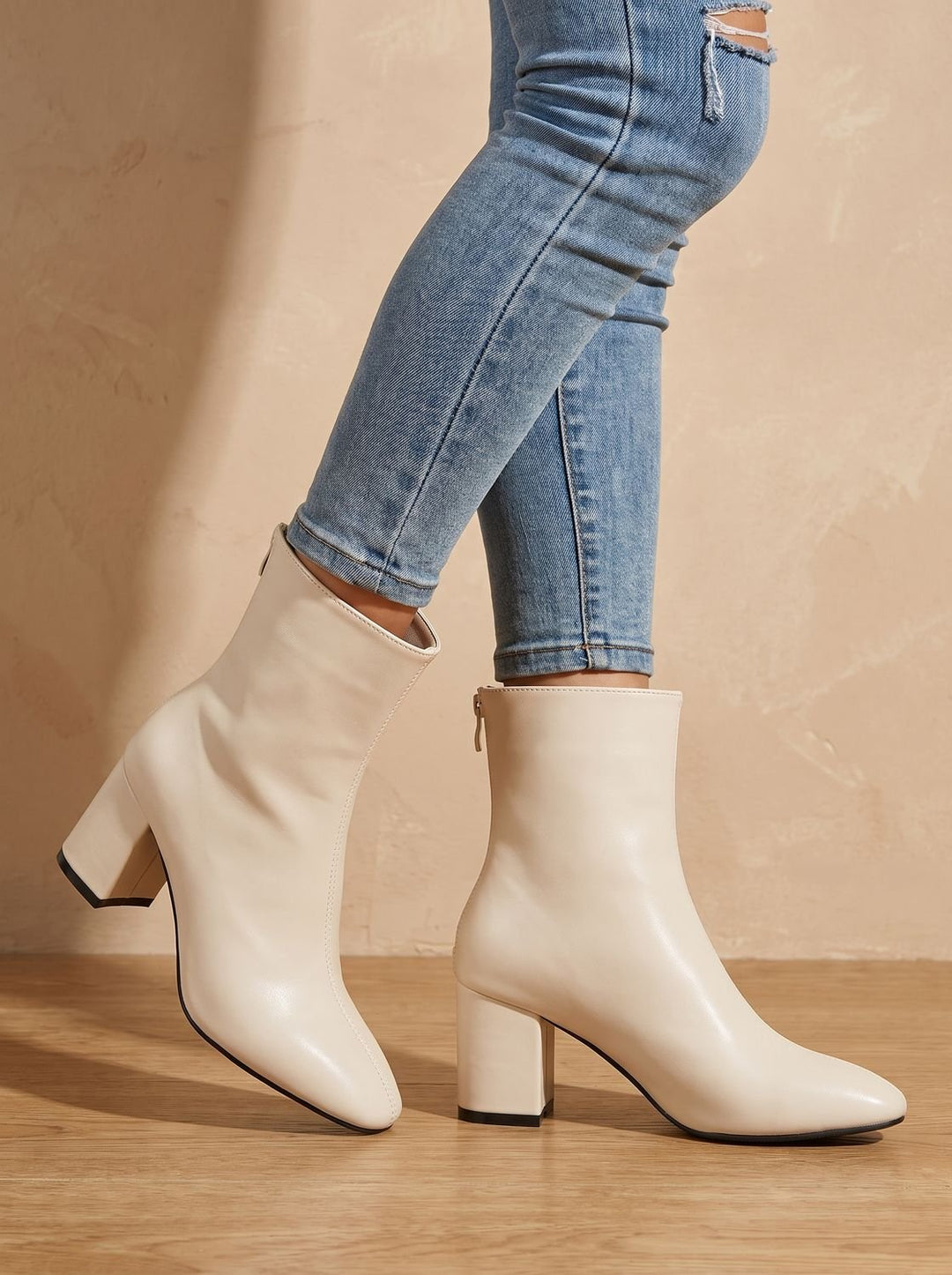 Women's Pointed-Toe Block-Heel Faux Leather Ankle Boots - Beige