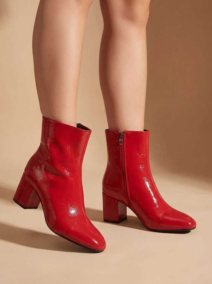Women's Pointed-Toe Block-Heel Faux Leather Ankle Boots - Red