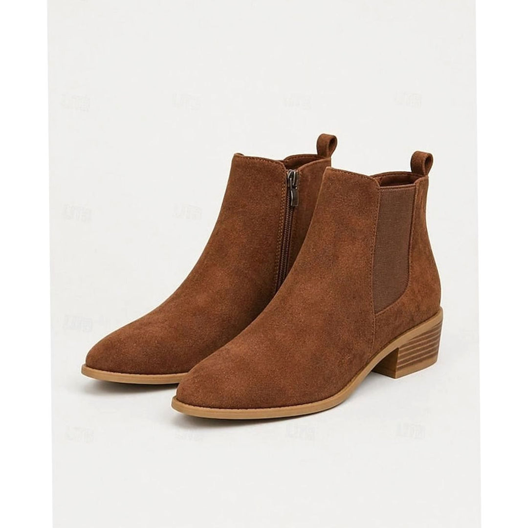 Women's Pointed-Toe Block Heel Suede Chelsea Ankle Boots - Dark Brown