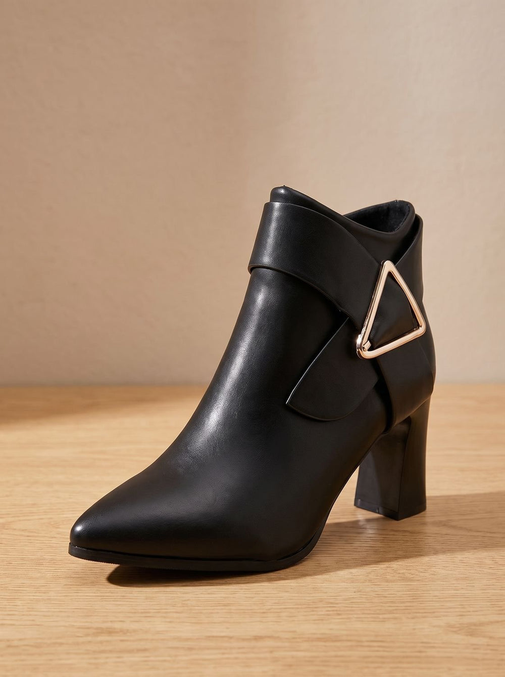 Women's Pointed-Toe Block Heel Triangle Buckle Ankle Boots - Black