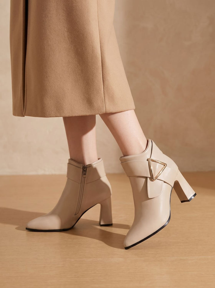 Women's Pointed-Toe Block Heel Triangle Buckle Ankle Boots