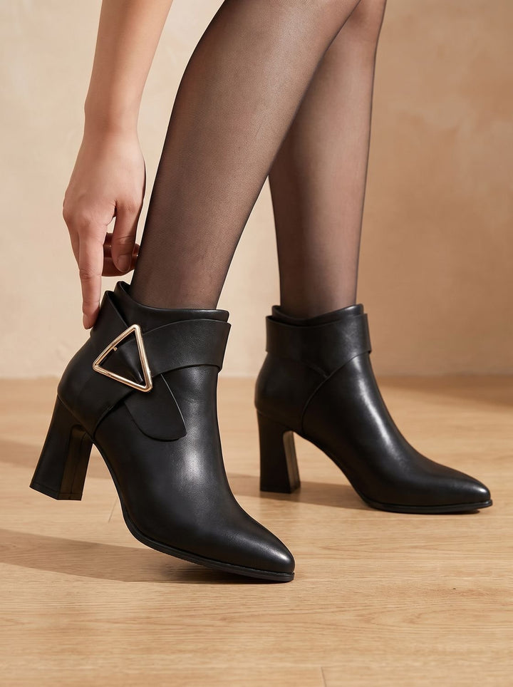 Women's Pointed-Toe Block Heel Triangle Buckle Ankle Boots