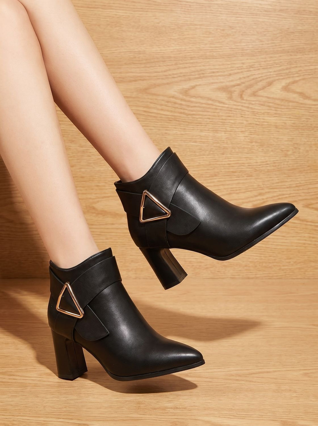 Women's Pointed-Toe Block Heel Triangle Buckle Ankle Boots