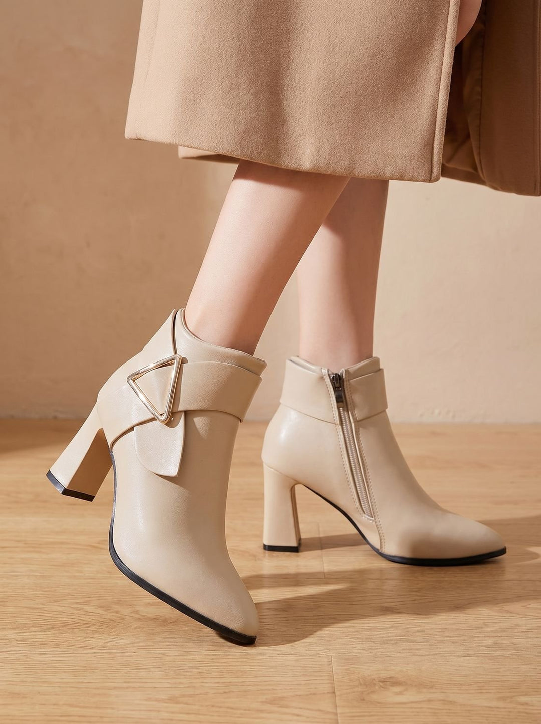 Women's Pointed-Toe Block Heel Triangle Buckle Ankle Boots