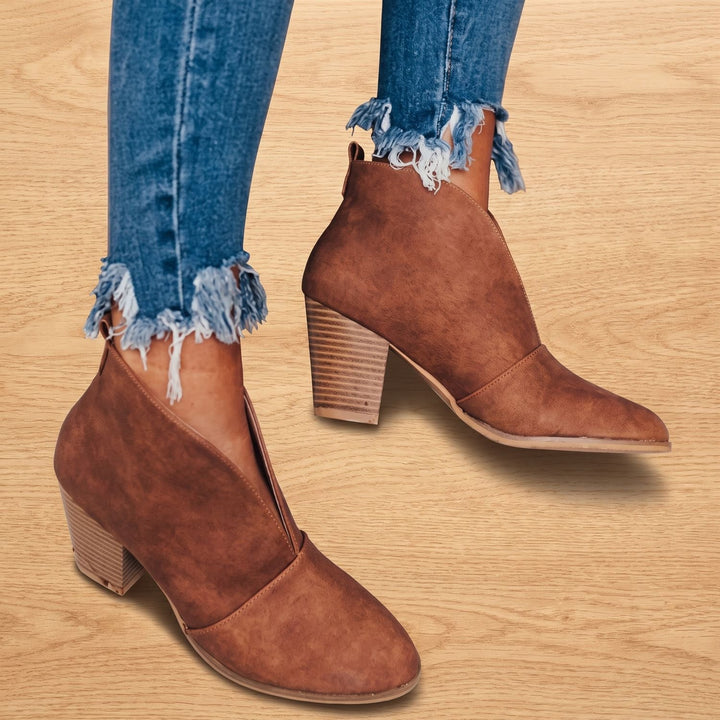 Women's Pointed-Toe Block-Heel V-Cut Ankle Boots - Brown