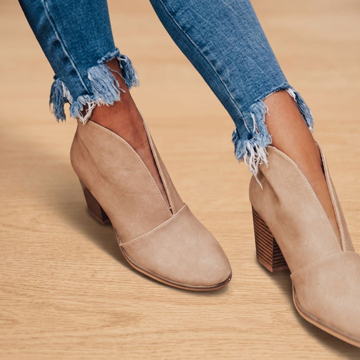 Women's Pointed-Toe Block-Heel V-Cut Ankle Boots - Khaki