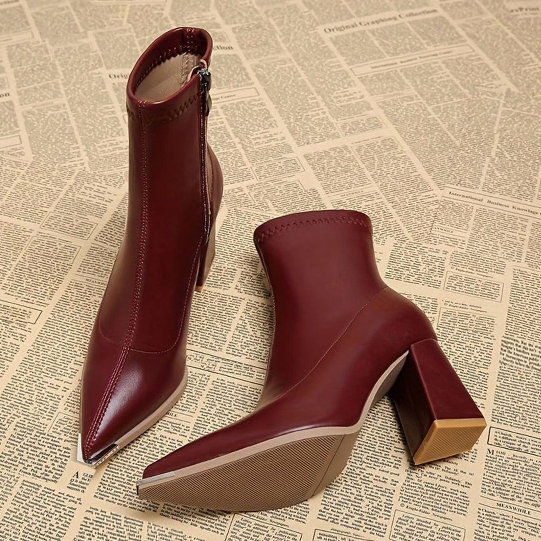 Women's Pointed-Toe Chunky Heel Leather Ankle Booties - Brick Red
