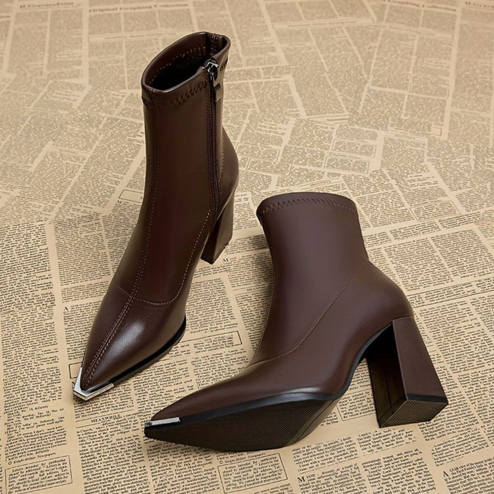 Women's Pointed-Toe Chunky Heel Leather Ankle Booties - Burgundy