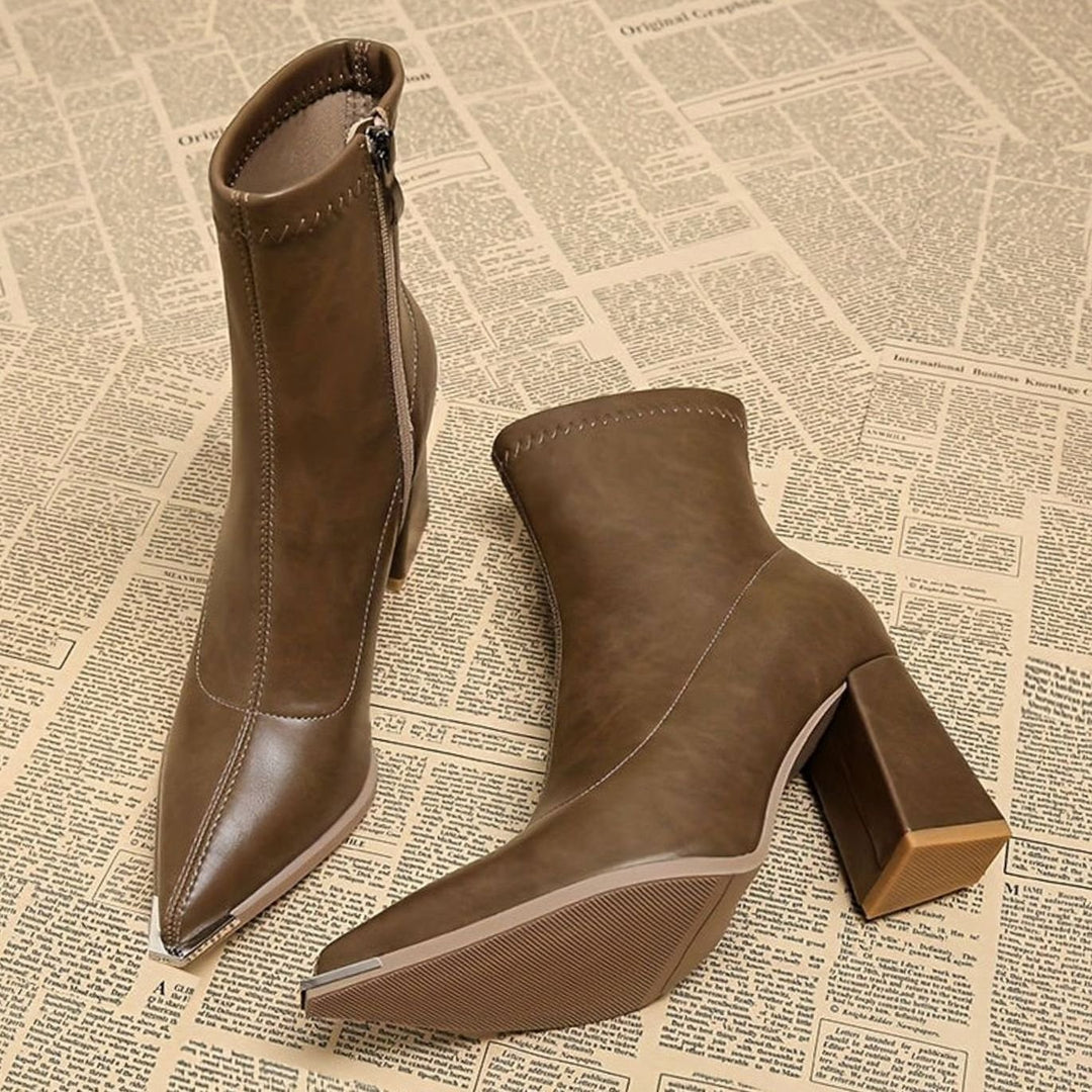 Women's Pointed-Toe Chunky Heel Leather Ankle Booties - Khaki