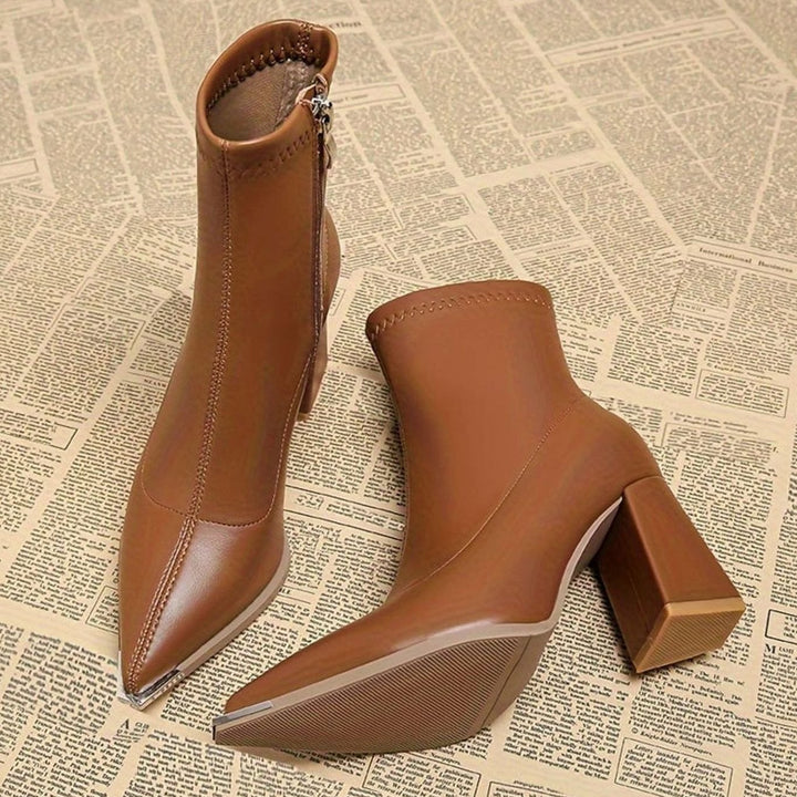 Women's Pointed-Toe Chunky Heel Leather Ankle Booties - Rust