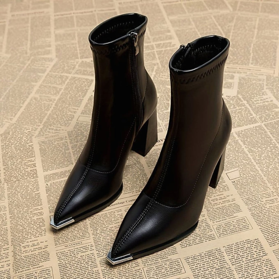 Women's Pointed-Toe Chunky Heel Leather Ankle Booties