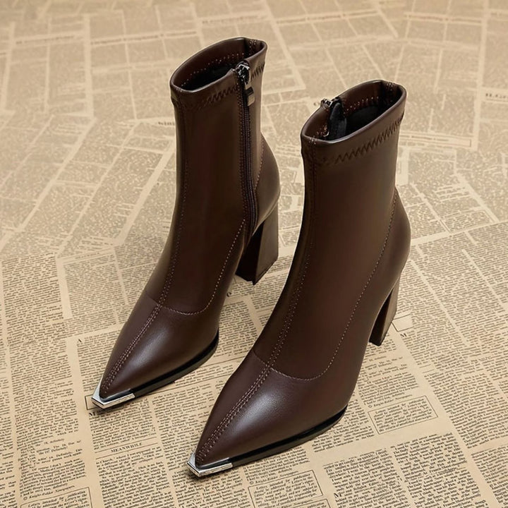 Women's Pointed-Toe Chunky Heel Leather Ankle Booties