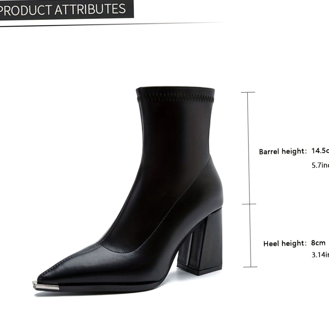 Women's Pointed-Toe Chunky Heel Leather Ankle Booties