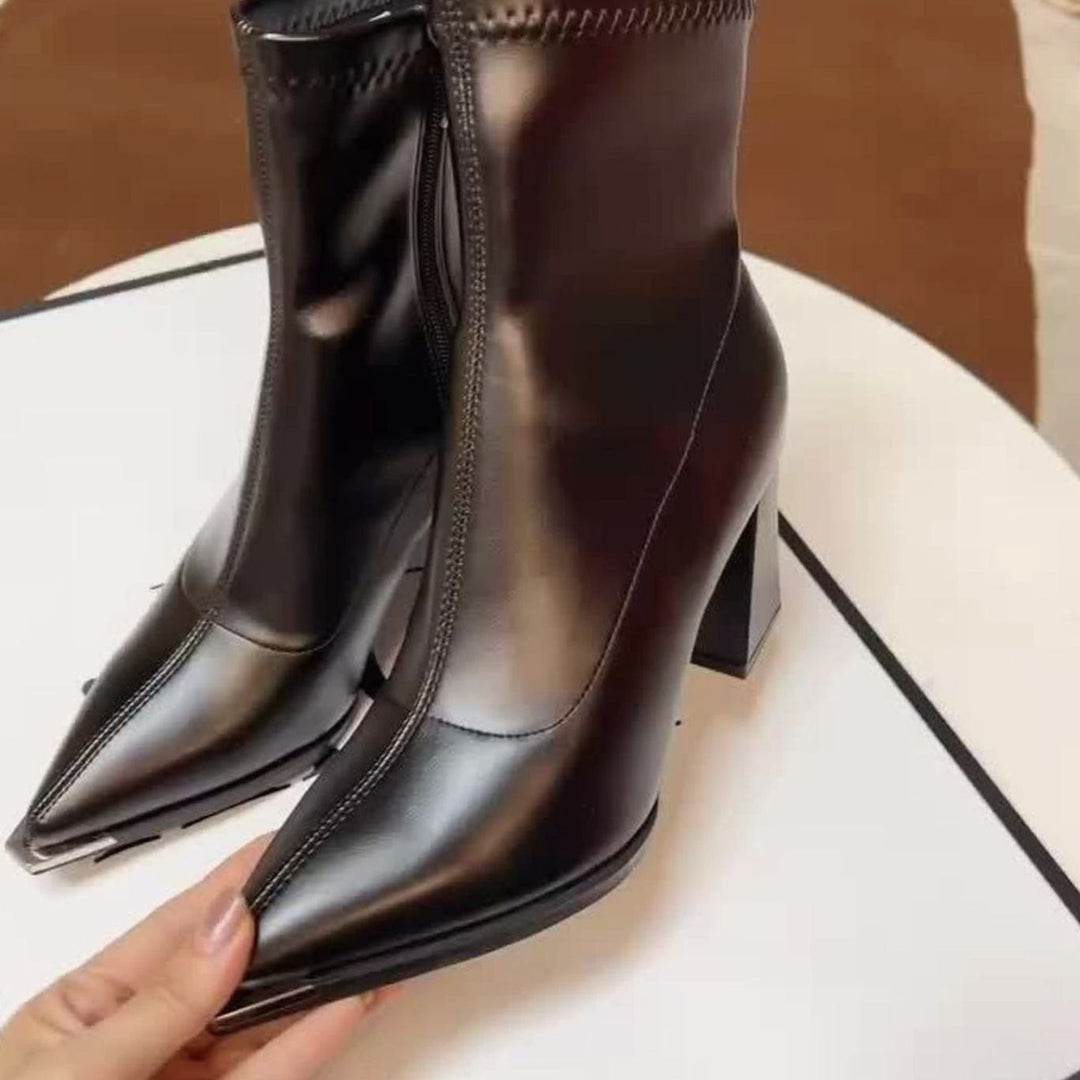 Women's Pointed-Toe Chunky Heel Leather Ankle Booties
