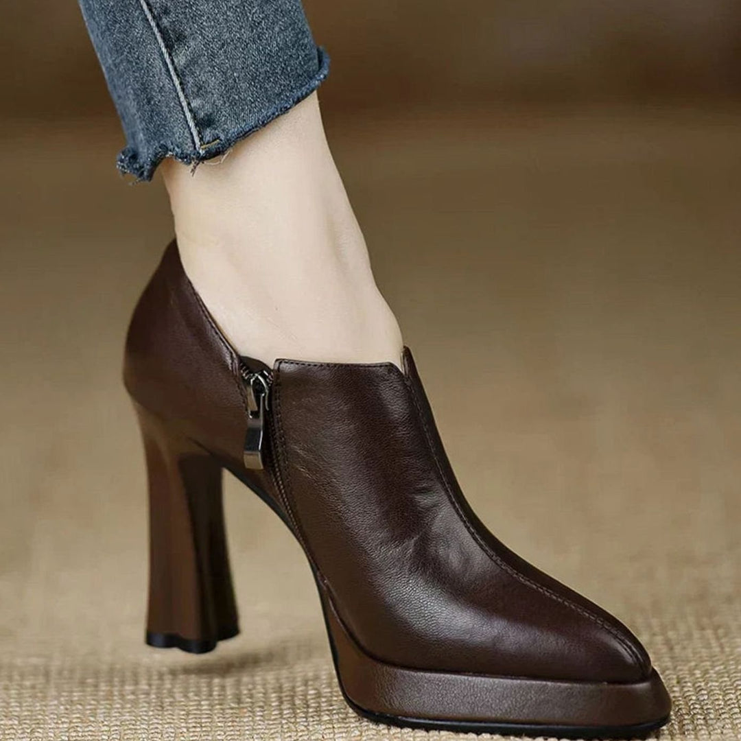 Women's Pointed-Toe Flared-Heel Side-Zipper Classic Dress Pumps - Brown