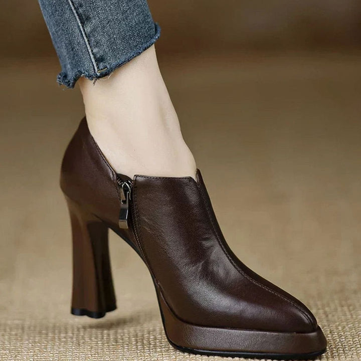 Women's Pointed-Toe Flared-Heel Side-Zipper Classic Dress Pumps - Brown