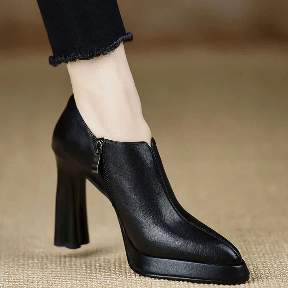 Women's Pointed-Toe Flared-Heel Side-Zipper Classic Dress Pumps - Black