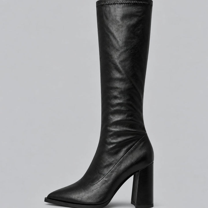 Women's Pointed-Toe Knee High Boots Chunky Block Heel - Black