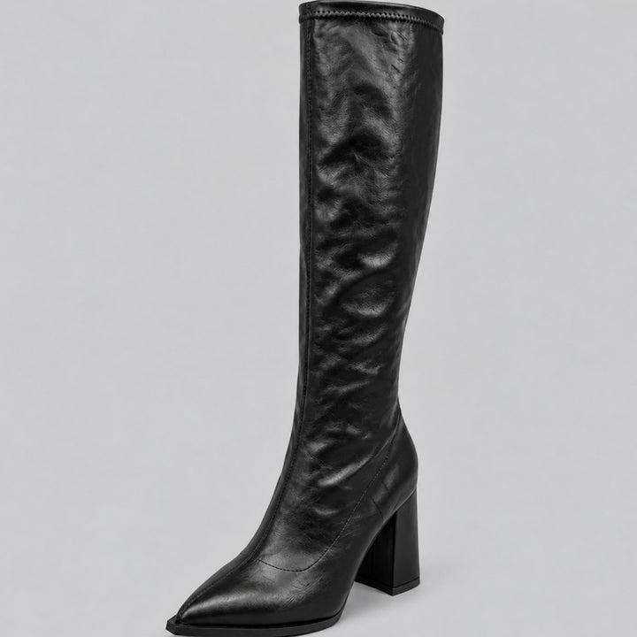 Women's Pointed-Toe Knee High Boots Chunky Block Heel