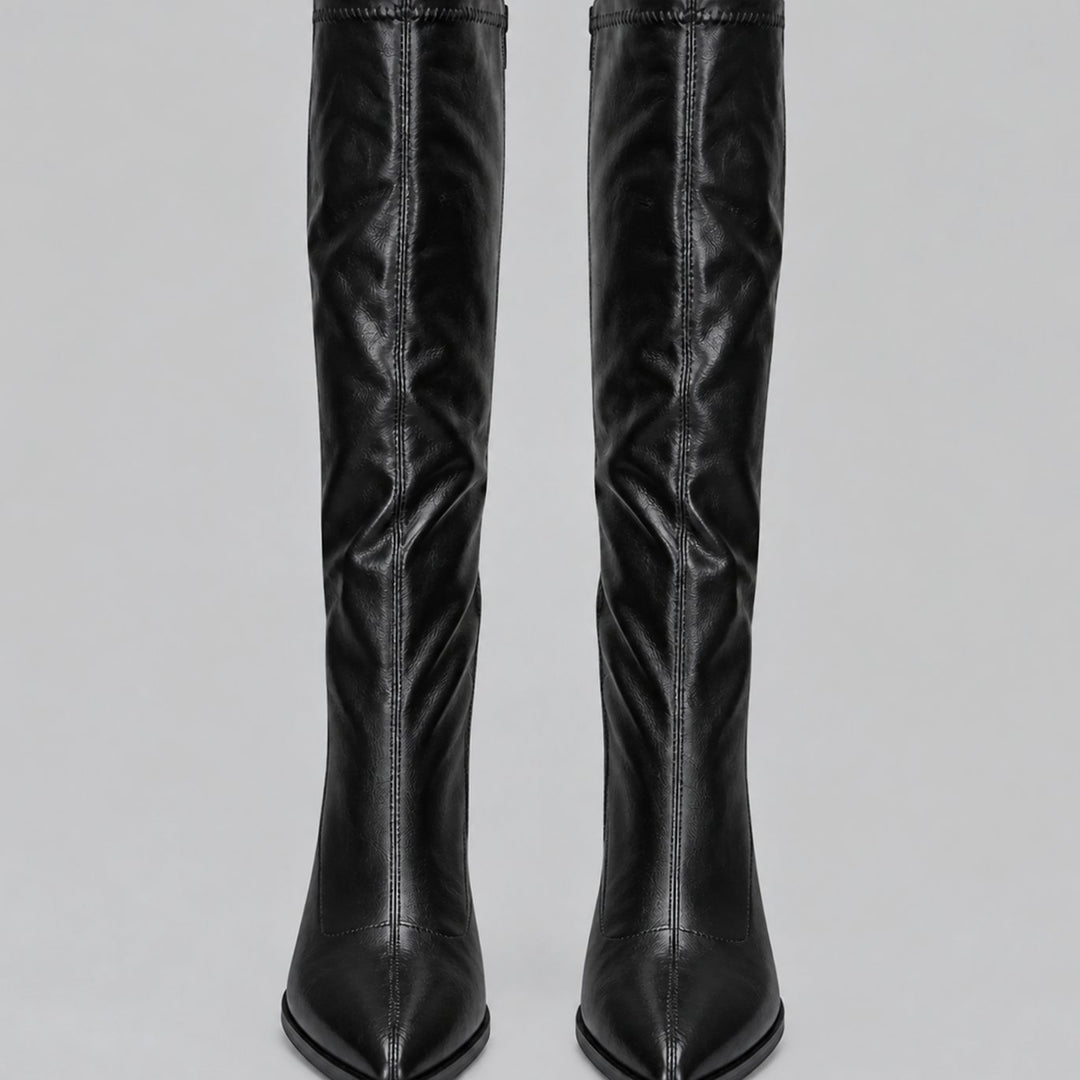 Women's Pointed-Toe Knee High Boots Chunky Block Heel