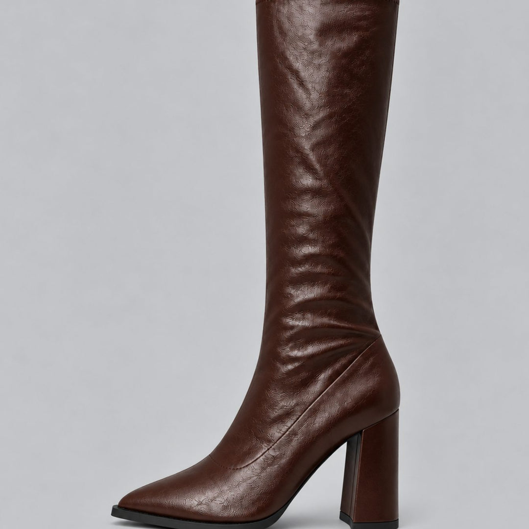 Women's Pointed-Toe Knee High Boots Chunky Block Heel - Brown