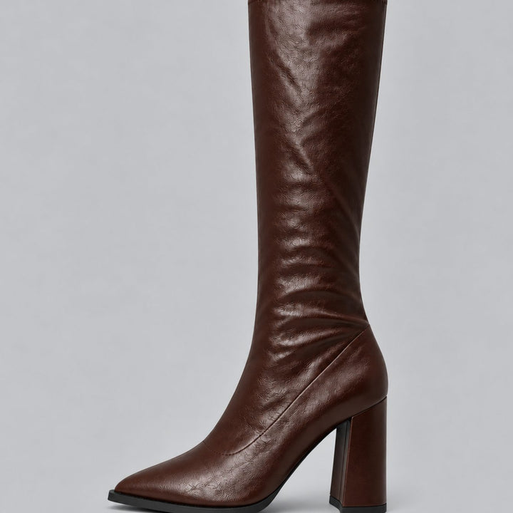 Women's Pointed-Toe Knee High Boots Chunky Block Heel - Brown