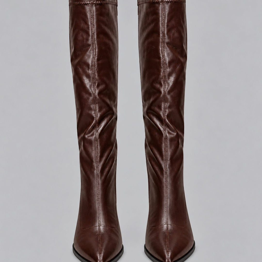 Women's Pointed-Toe Knee High Boots Chunky Block Heel