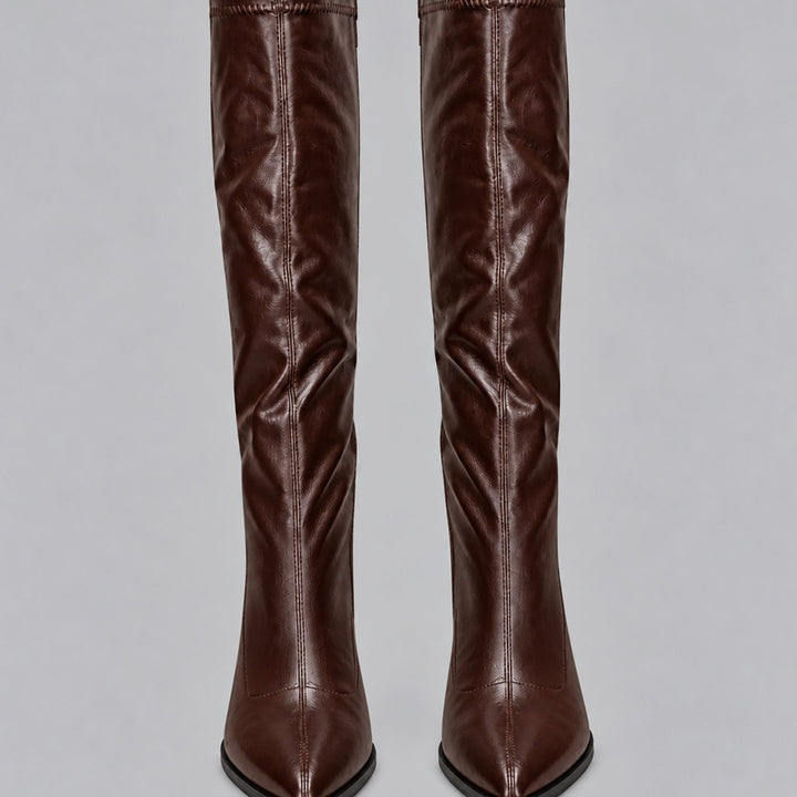 Women's Pointed-Toe Knee High Boots Chunky Block Heel