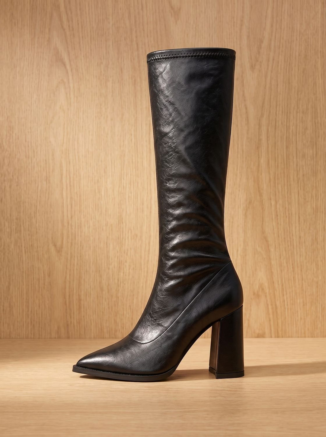 Women's Pointed-Toe Knee High Boots Chunky Block Heel Knee-High - Black
