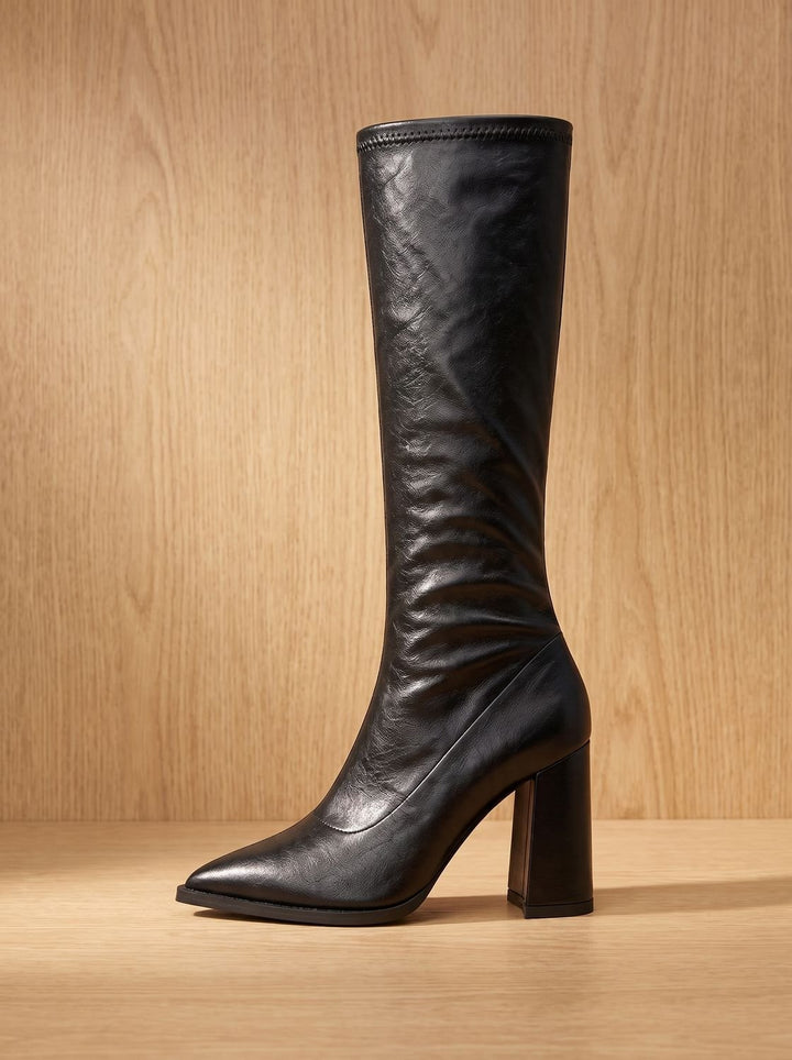 Women's Pointed-Toe Knee High Boots Chunky Block Heel Knee-High - Black