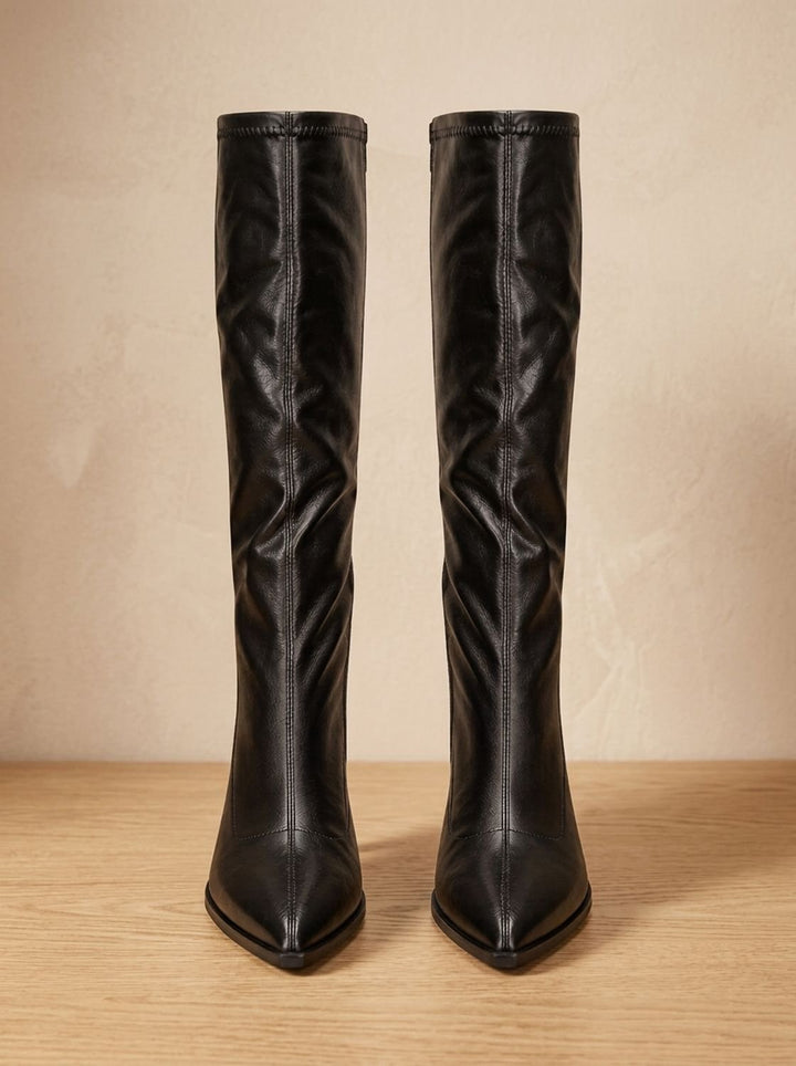 Women's Pointed-Toe Knee High Boots Chunky Block Heel Knee-High