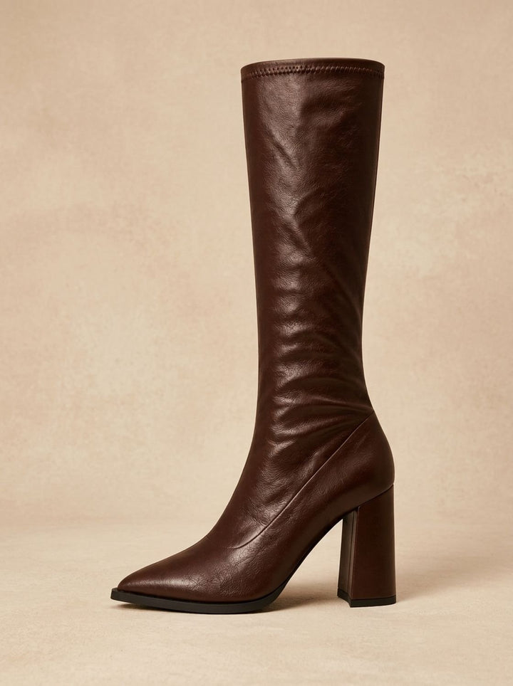 Women's Pointed-Toe Knee High Boots Chunky Block Heel Knee-High - Brown